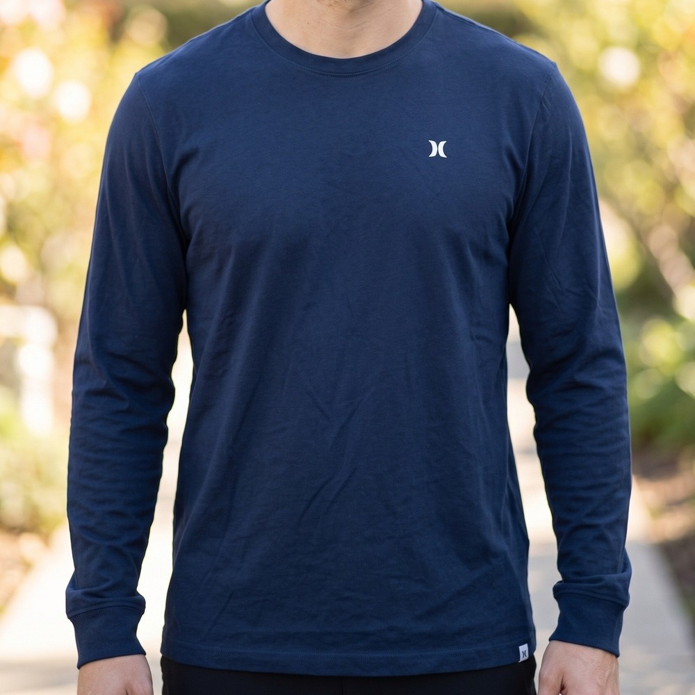 Hurley Mens Long Sleeve Graphic T-Shirt Navy Blue Cotton Surf Tee Logo XL